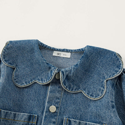 Girls Denim Jacket Tops Western Style Doll Collar - Kello Kids
