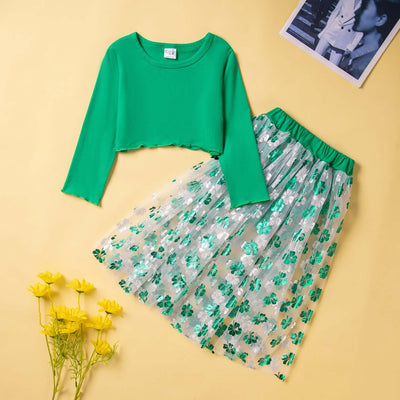 Girls Ethnic Style Long Sleeve Top And Shorts Tulle Skirt Side Two-piece Set - Kello Kids
