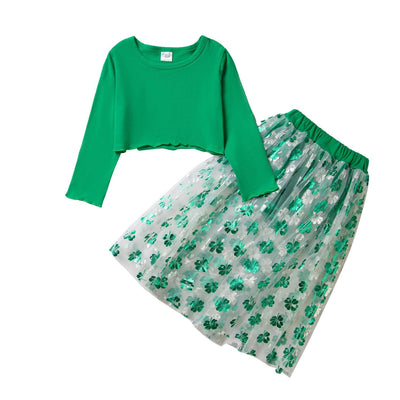 Girls Ethnic Style Long Sleeve Top And Shorts Tulle Skirt Side Two-piece Set - Kello Kids