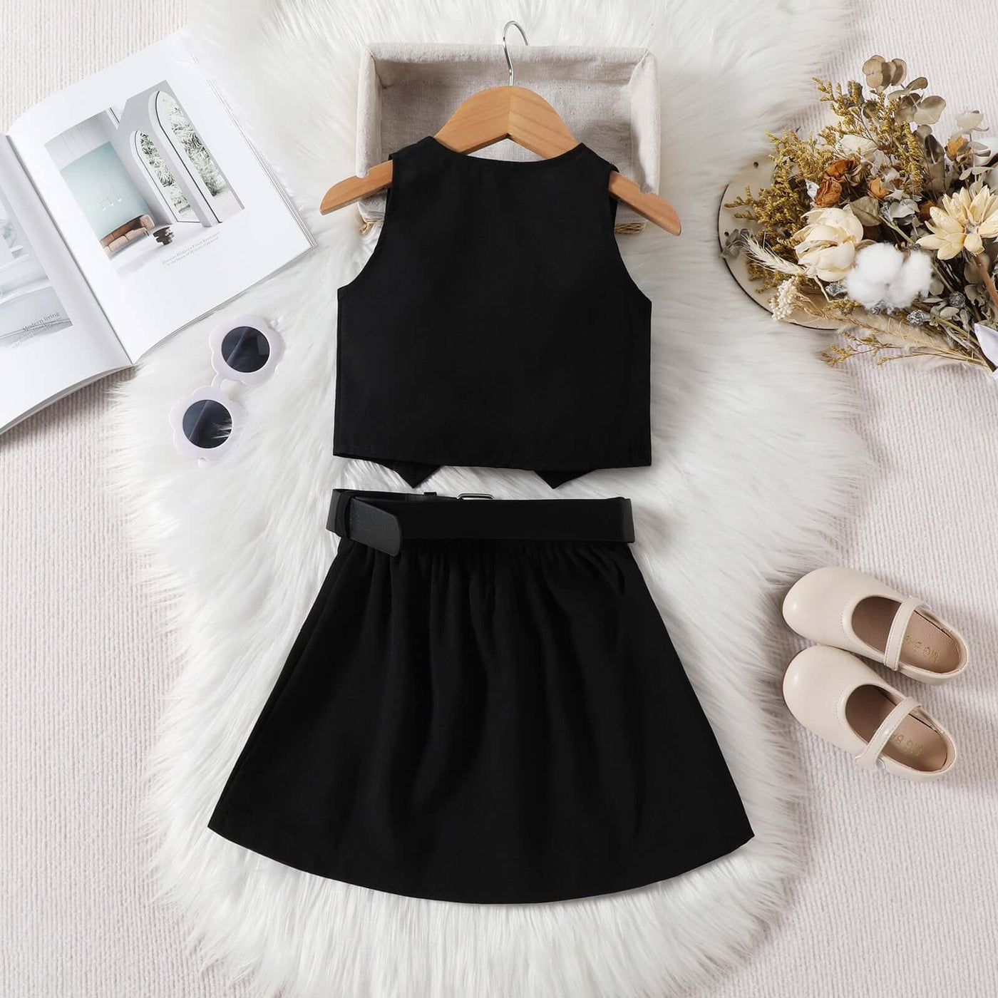 Girls Fashionable V-neck Solid Color Single-breasted Vest Top Pleated Skirt Belt Three-piece Set - Kello Kids