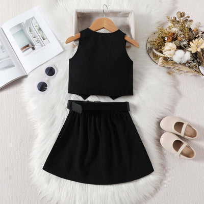 Girls Fashionable V-neck Solid Color Single-breasted Vest Top Pleated Skirt Belt Three-piece Set - Kello Kids