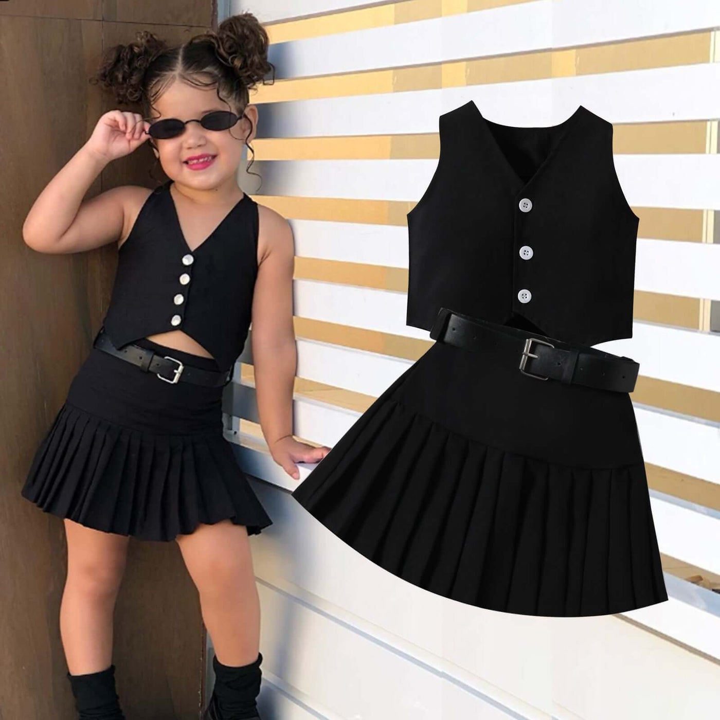 Girls Fashionable V-neck Solid Color Single-breasted Vest Top Pleated Skirt Belt Three-piece Set - Kello Kids