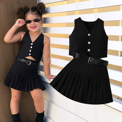Girls Fashionable V-neck Solid Color Single-breasted Vest Top Pleated Skirt Belt Three-piece Set - Kello Kids