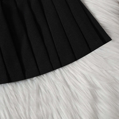 Girls Fashionable V-neck Solid Color Single-breasted Vest Top Pleated Skirt Belt Three-piece Set - Kello Kids
