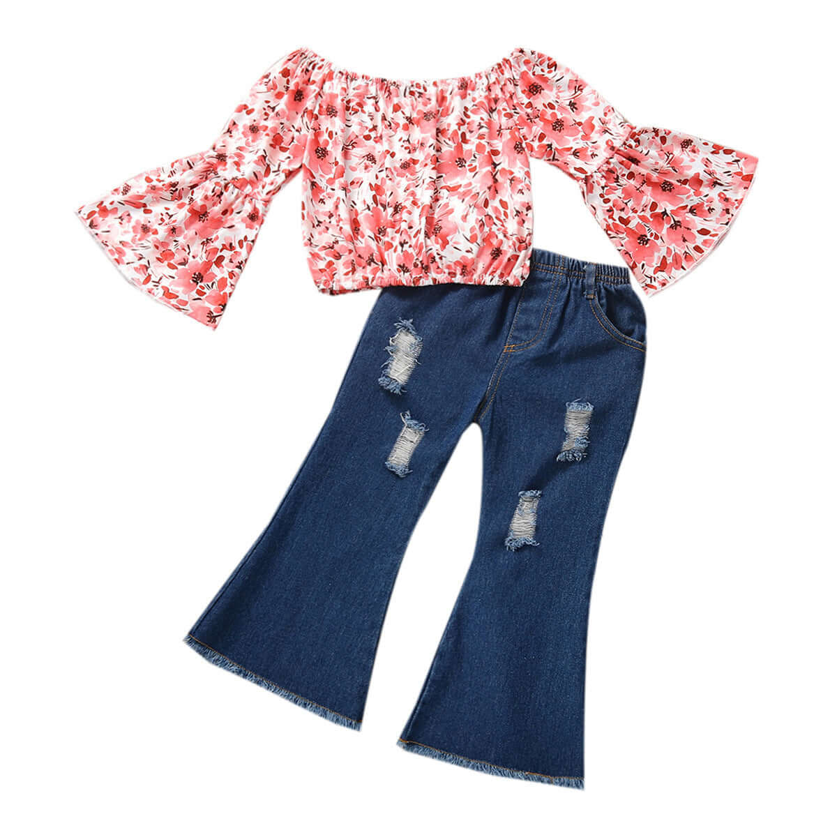 Girls Flared Sleeve Top Denim Trousers-Floral blouse with bell sleeves and distressed jeans on a white background