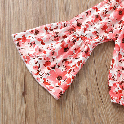 Girls Flared Sleeve Top Denim Trousers-Floral-patterned fabric on a wooden surface