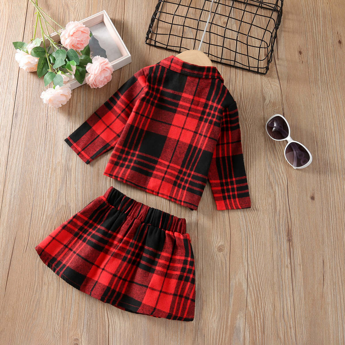 Girls Long Sleeve Plaid Skirt Two Piece Set - Kello Kids