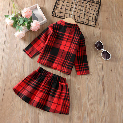 Girls Long Sleeve Plaid Skirt Two Piece Set - Kello Kids