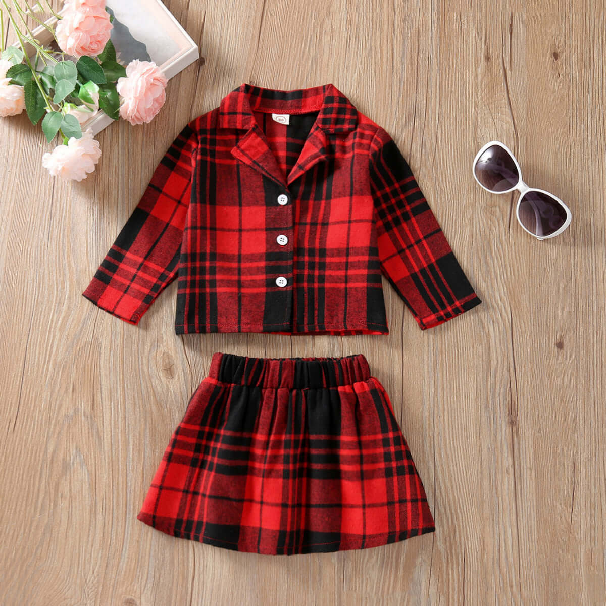 Girls Long Sleeve Plaid Skirt Two Piece Set - Kello Kids