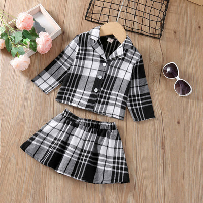 Girls Long Sleeve Plaid Skirt Two Piece Set - Kello Kids