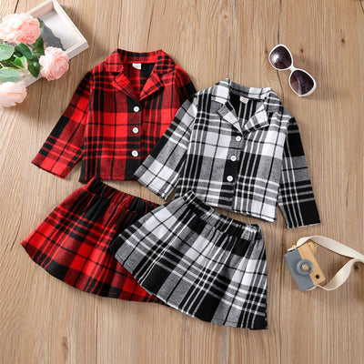 Girls Long Sleeve Plaid Skirt Two Piece Set - Kello Kids
