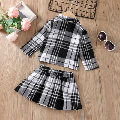 Girls Long Sleeve Plaid Skirt Two Piece Set - Kello Kids