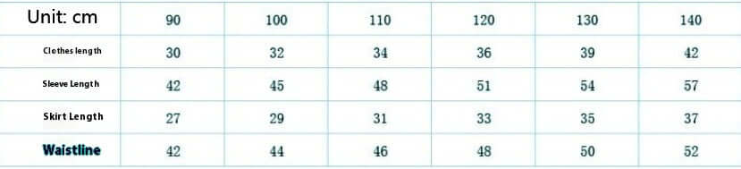 Girls Pleated Short Skirt-Table showing measurements for clothes, shoes, and skirt lengths in centimeters.