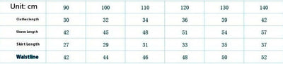 Girls Pleated Short Skirt-Table showing measurements for clothes, shoes, and skirt lengths in centimeters.