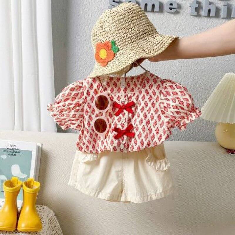 Girls Short-sleeved Printed Top And Shorts Two-piece Set - Kello Kids