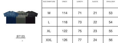 Gradient Retro Couple Undershirt -Size chart for shirts with color examples and measurements.