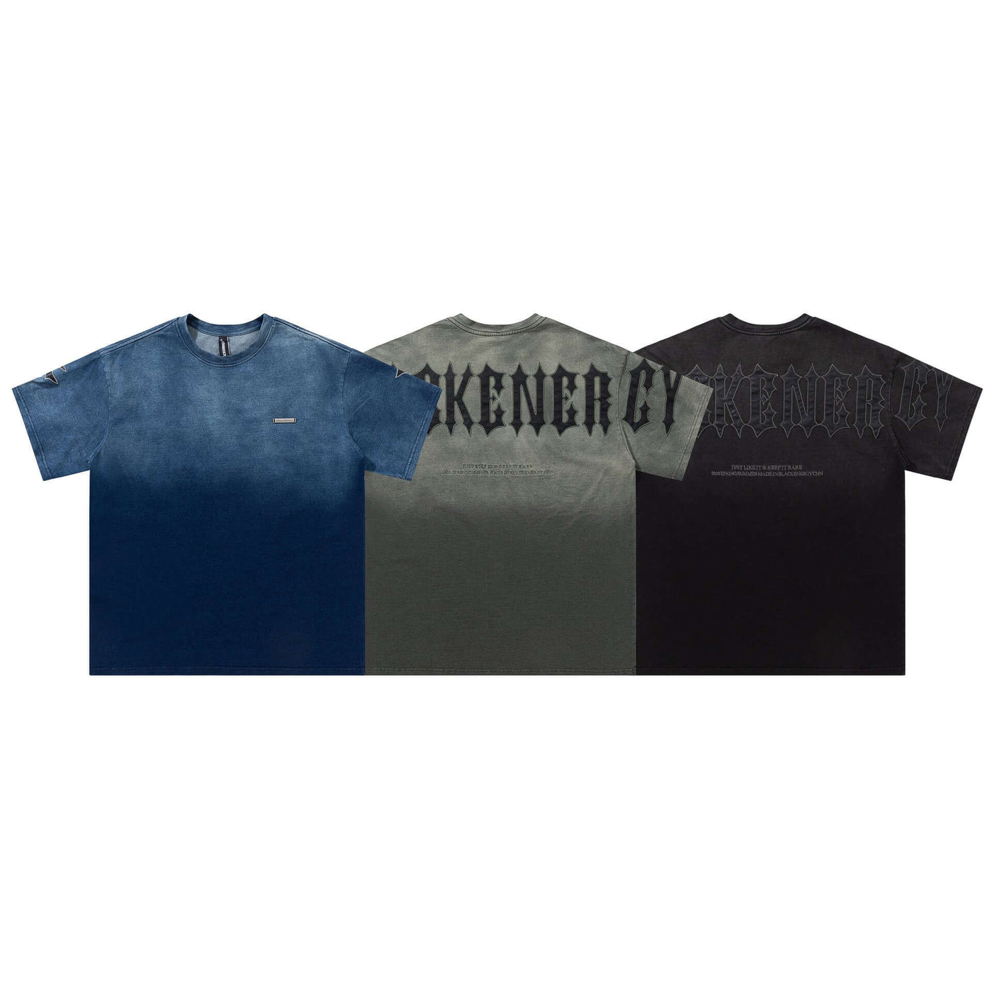 Gradient Retro Couple Undershirt -Three t-shirts in blue, gray, and black with text on a white background