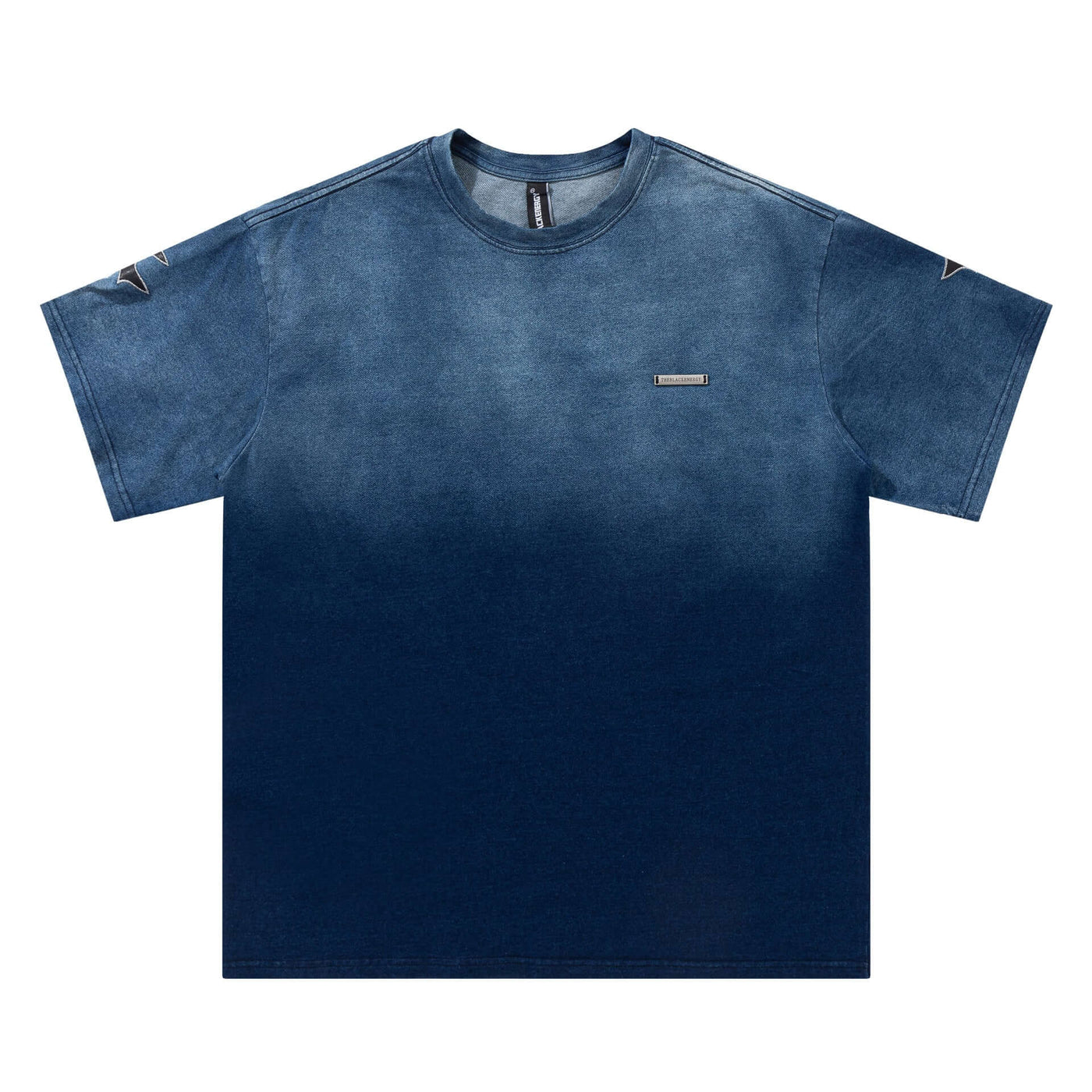 Gradient Retro Couple Undershirt -Blue t-shirt with a small logo on a white background