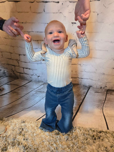 Infant Long Flutter Sleeve with Gray Stripe - Lydia standing