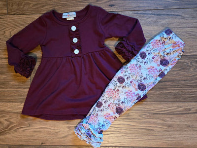 Kids Dark Plum Floral Long Sleeve Ruffle Pants Fall Set  full view