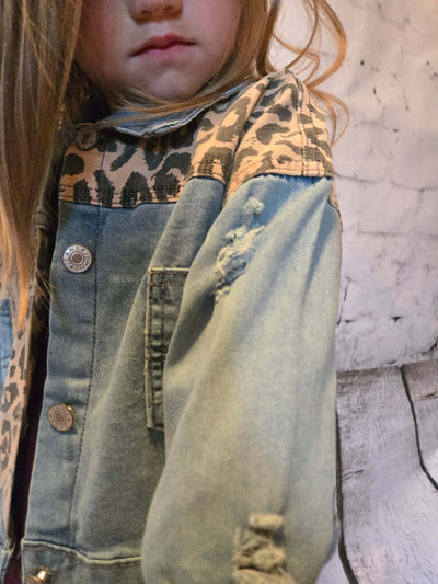 Kids Leopard Patch & Light Wash Denim Button Pocket Jacket - distressing
