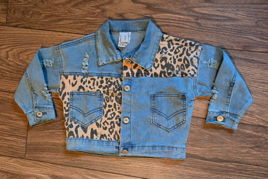 Kids Leopard Patch & Ligh Wash Denim Button Pocket Jacket - full view