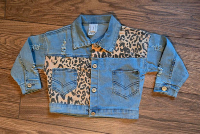 Kids Leopard Patch & Ligh Wash Denim Button Pocket Jacket - full view