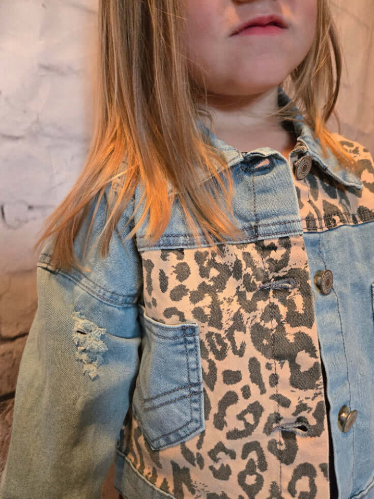 Kids Leopard Patch & Light Wash Denim Button Pocket Jacket - pattern view