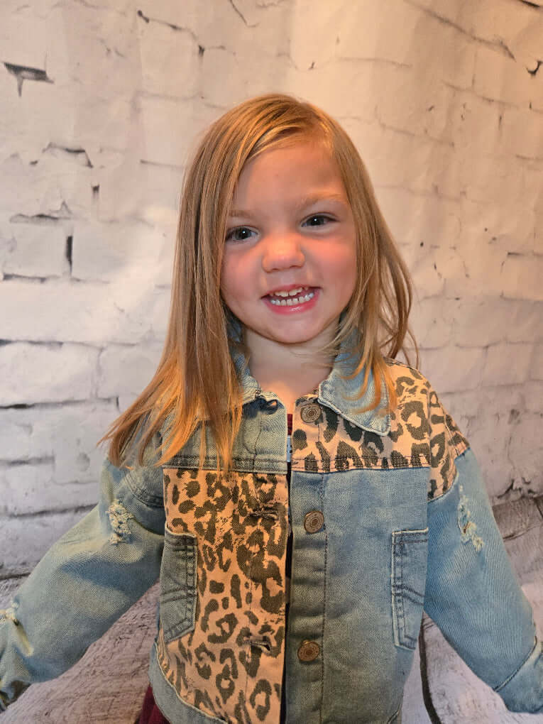 Kids Leopard Patch & Light Wash Denim Button Pocket Jacket - Leah