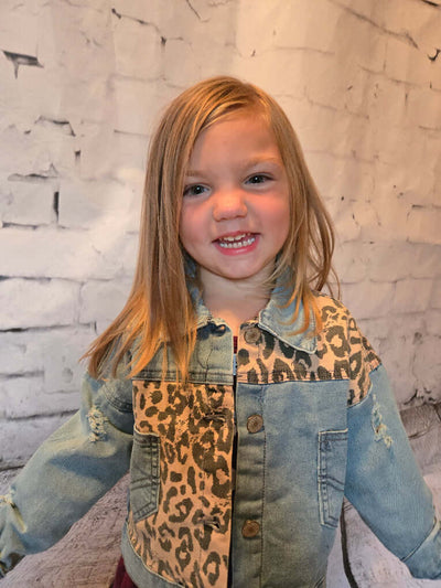 Kids Leopard Patch & Light Wash Denim Button Pocket Jacket - Leah