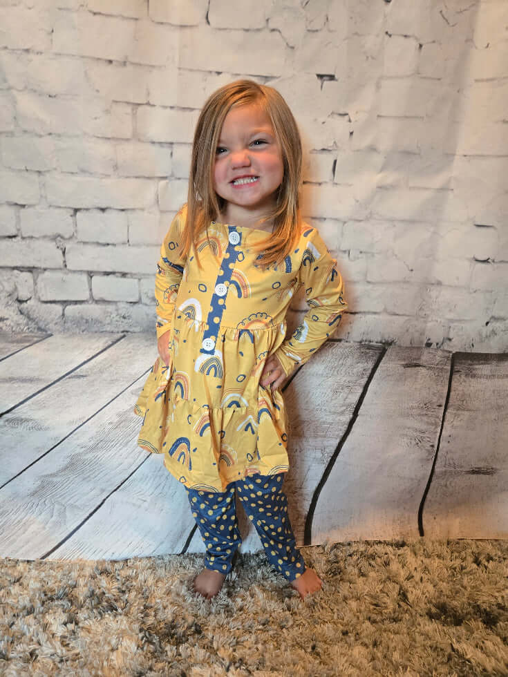 Kids Mustard Rainbow Polka Dot Fall Two Piece Button Set - Leah