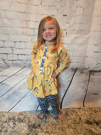 Kids Mustard Rainbow Polka Dot Fall Two Piece Button Set - Leah