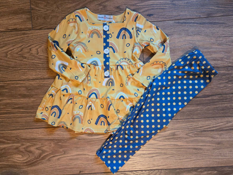 Kids Mustard Rainbow Polka Dot Fall Two Piece Button Set - full view