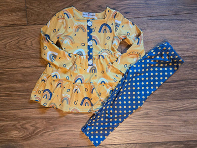 Kids Mustard Rainbow Polka Dot Fall Two Piece Button Set - full view