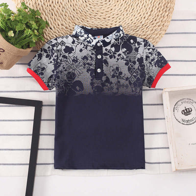 Kids Shirt Boys Tops-Navy blue and patterned short-sleeve top on a striped background