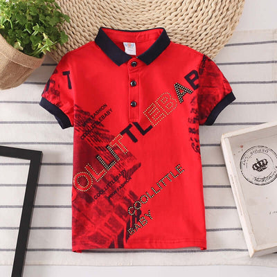 Kids Shirt Boys Tops-Red polo shirt with black text and buttons on a striped surface