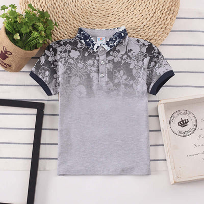 Kids Shirt Boys Tops-Gray polo shirt with floral collar on a striped background