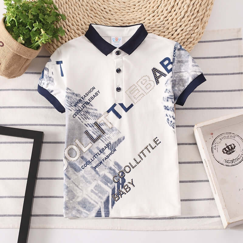 Kids Shirt Boys Tops-Children's polo shirt with text design on a striped surface