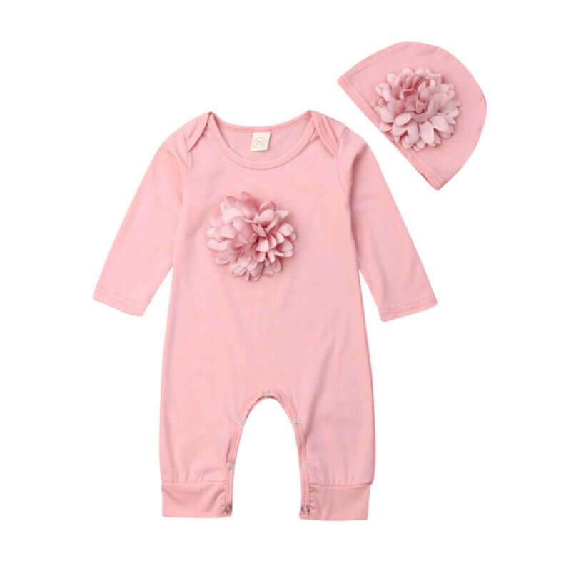 Long-sleeved Solid Color Floral Baby Jumpsuit