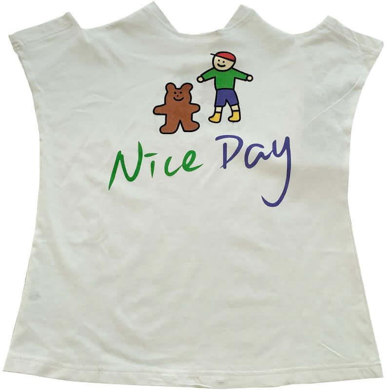 Loose Casual Short Sleeve Top-White t-shirt with a cartoon bear and child, and 'Nice Day' text on a white background
