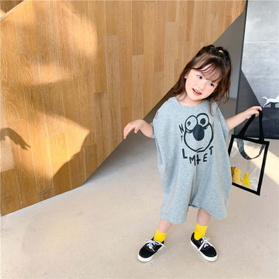 Loose Casual Short Sleeve Top-Child wearing a gray dress with a cartoon character design, standing indoors.