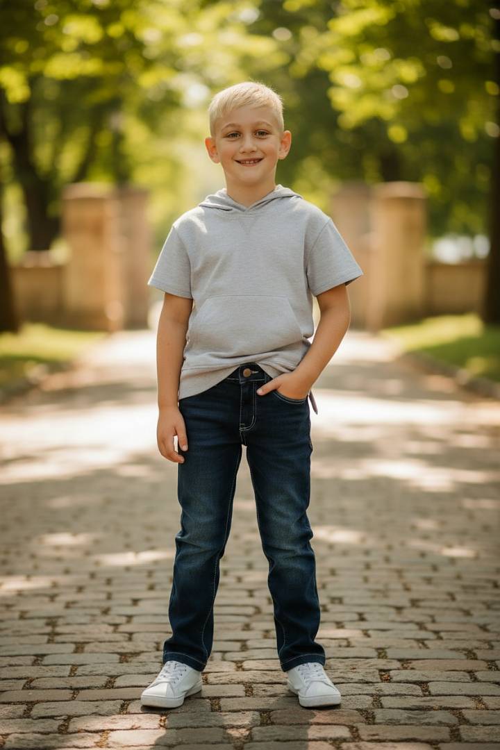 Mark Blue Denim Jeans by Me and Henry-Young boy standing on a paved path with trees in the background