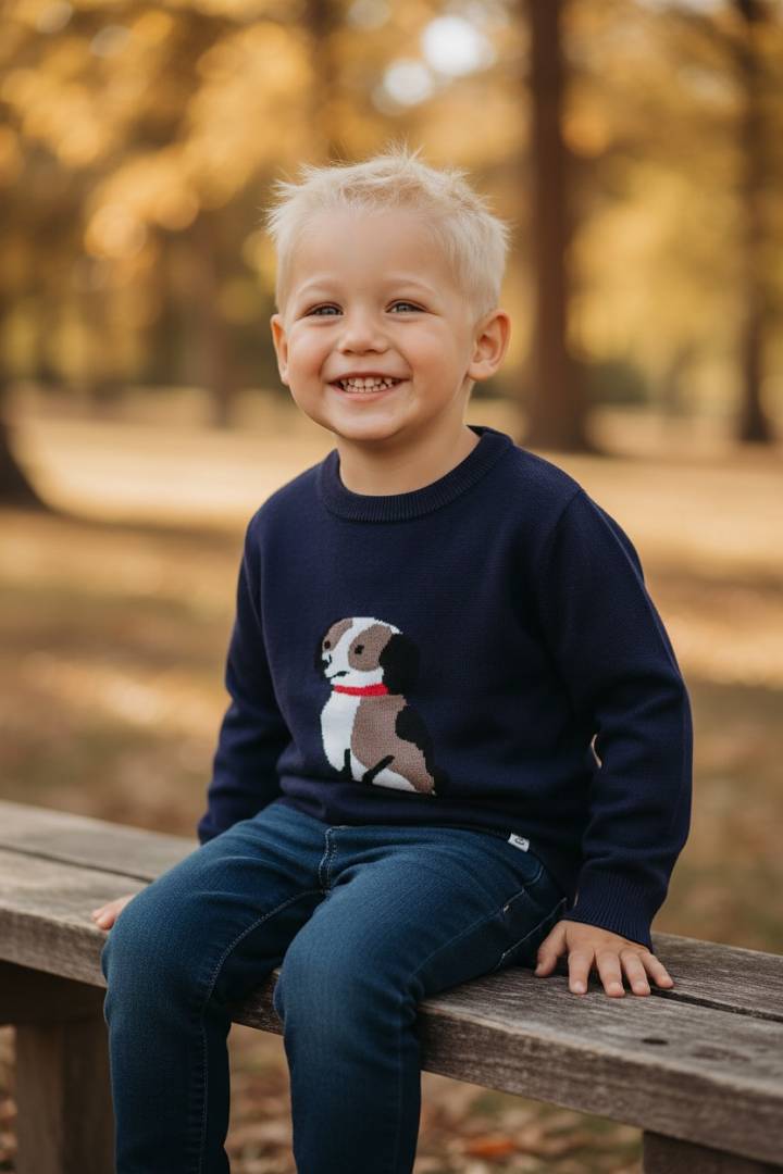 Child wearing a navy sweater with a dog design, sitting on a wooden bench in a park.