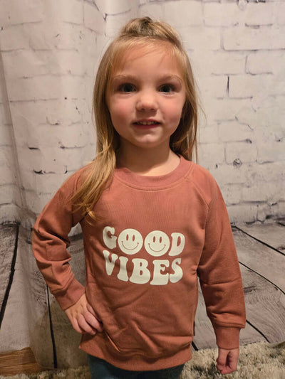 Organic Toddler Good Vibes Pullover Sweatshirt - closeup Leah