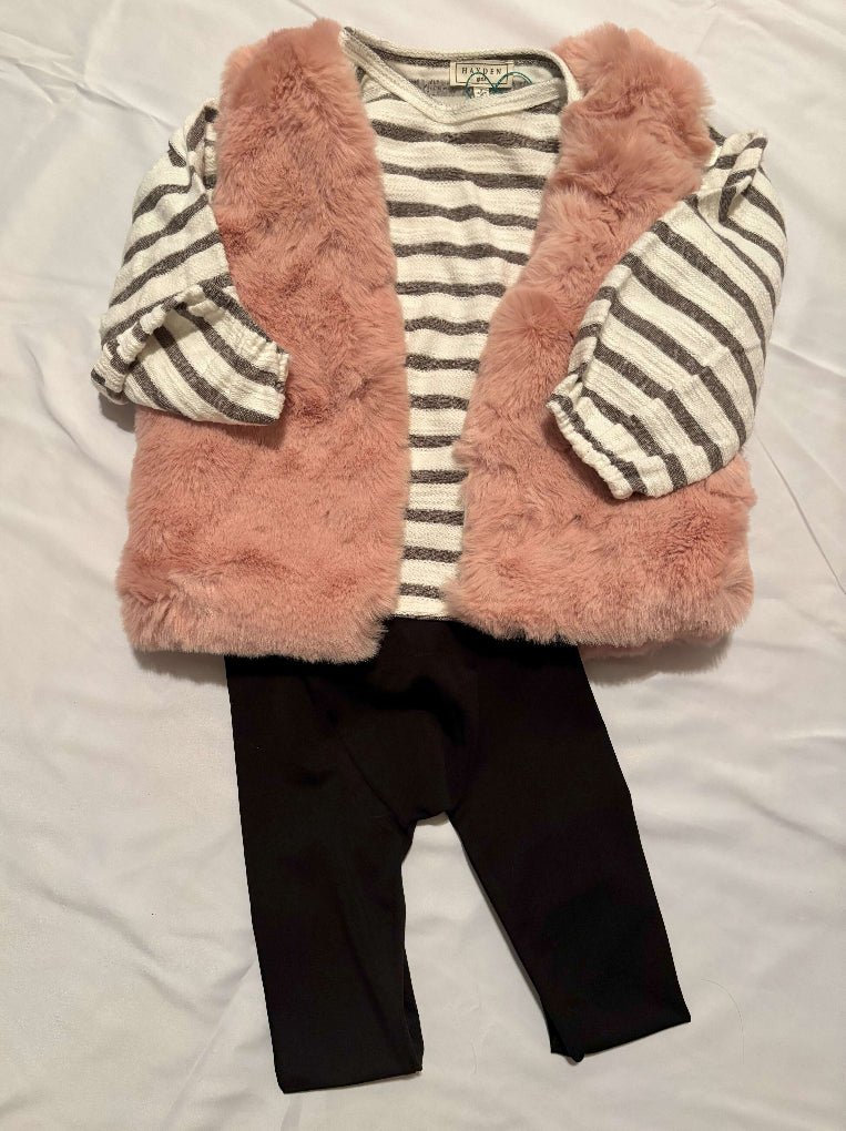 Pink Fur Girls Winter Vest - outfit black leggings  gray striped top