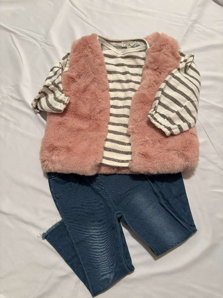 Pink Fur Girls Winter Vest - outfit with jeans gray striped top