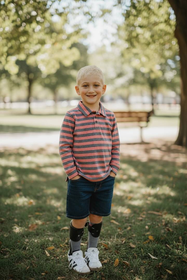 Red & Black Stripe Long Sleeve Midway Polo by Me and Henry-Child in a striped shirt standing in a park