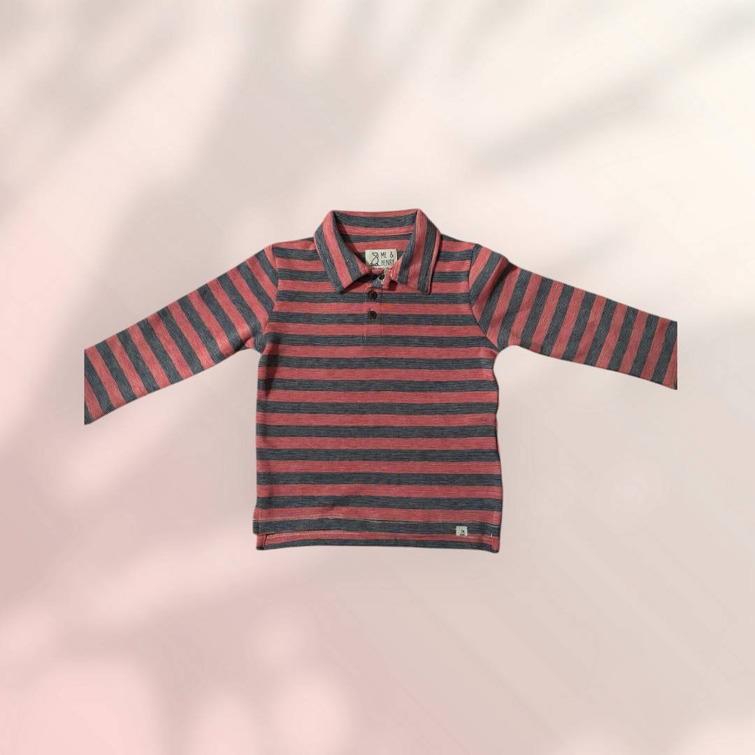 Red & Black Stripe Long Sleeve Midway Polo by Me and Henry-Red and gray striped long-sleeve shirt on a light pink background