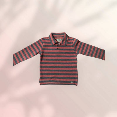 Red & Black Stripe Long Sleeve Midway Polo by Me and Henry-Red and gray striped long-sleeve shirt on a light pink background