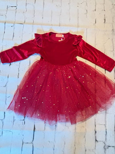 Red Velvet Starry Tutu Dress 1-Red dress with a tulle skirt on a textured white background